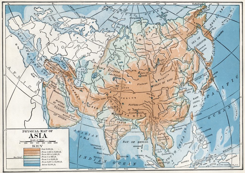 Mapa físico de Asia, 1916.