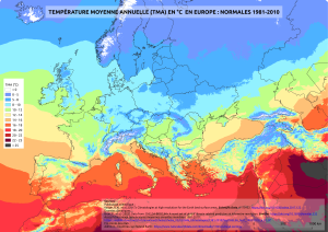 Temperaturas medias anuales en Europa (valores normales de 1981 a 2010).