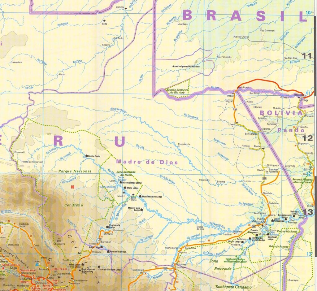 Mapa físico del departamento de Madre de Dios.
