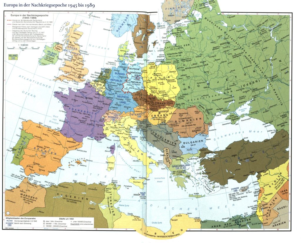 Mapa de Europa en la posguerra de 1945 a 1989.