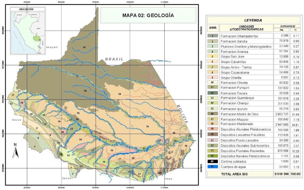 Mapa geológico del departamento de Madre de Dios.