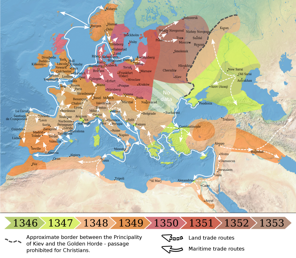 Mapa de la propagación de la peste negra en Europa entre 1346 y 1353.