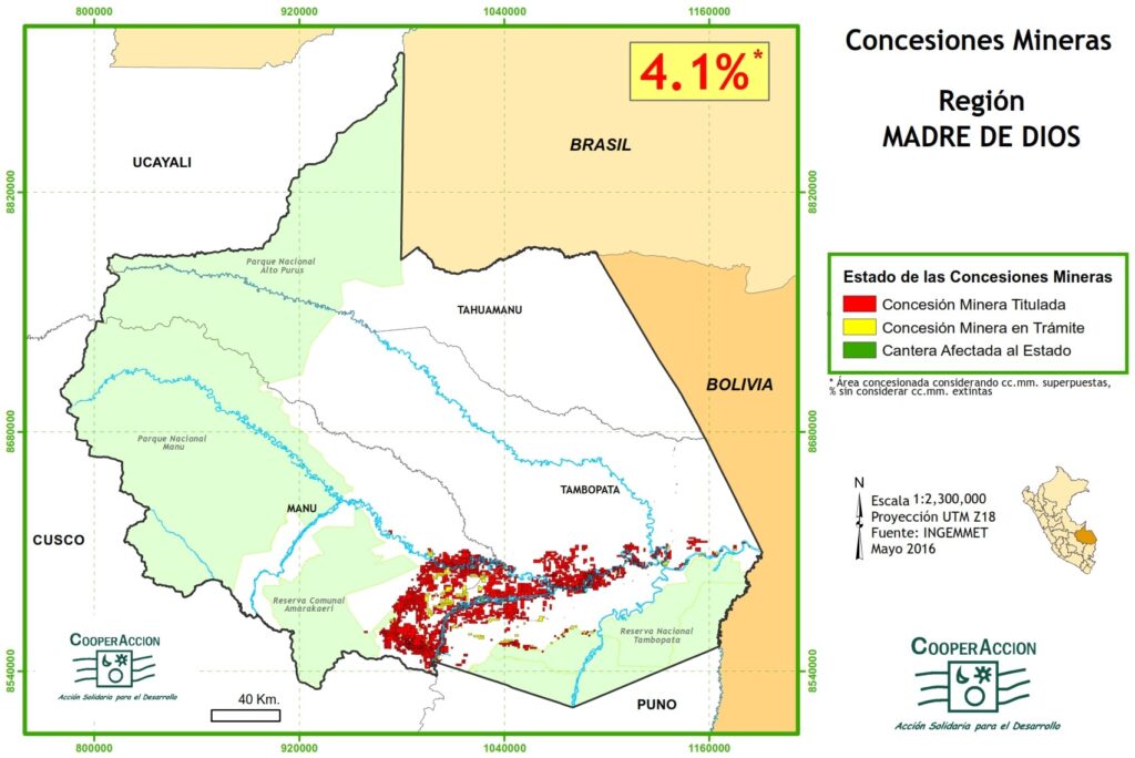 Mapa de las concesiones mineras en el departamento de Madre de Dios mayo 2016.