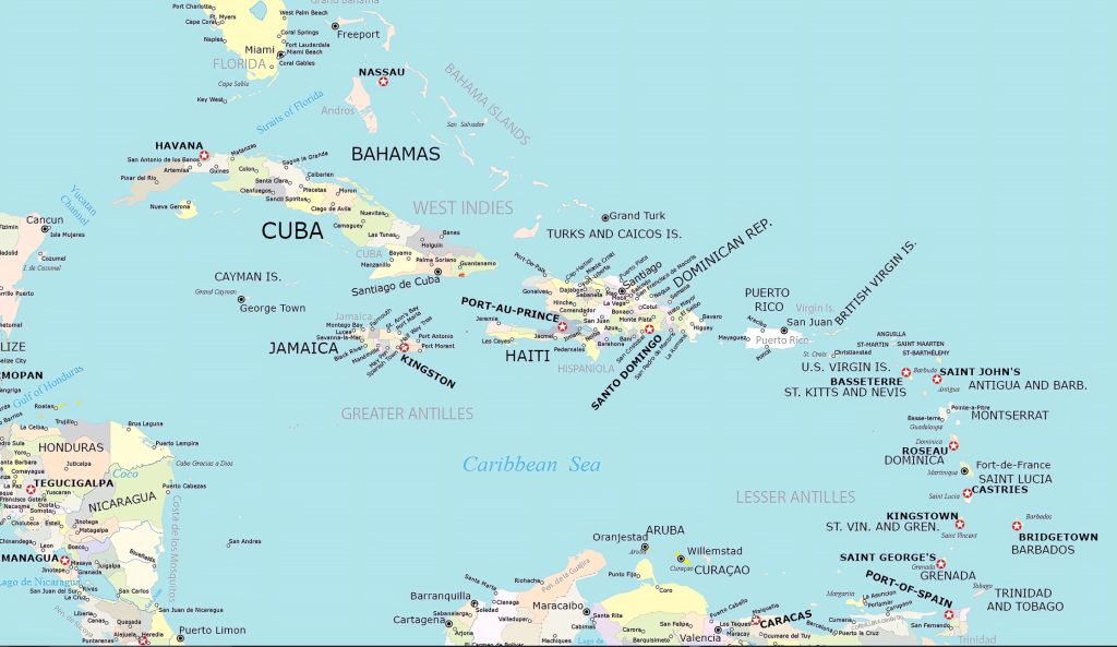 Mapa de las principales ciudades del Caribe.