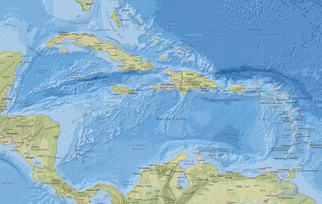 Mapa físico del Caribe.