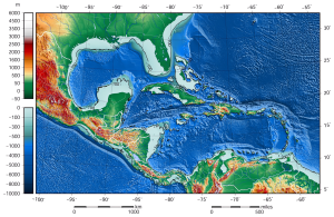Mapa topográfico del Caribe.