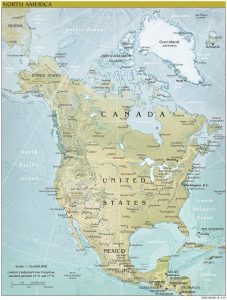 Mapa en relieve sombreado de América del Norte.