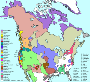 Áreas lingüísticas de los pueblos indígenas de Canadá y Estados Unidos.