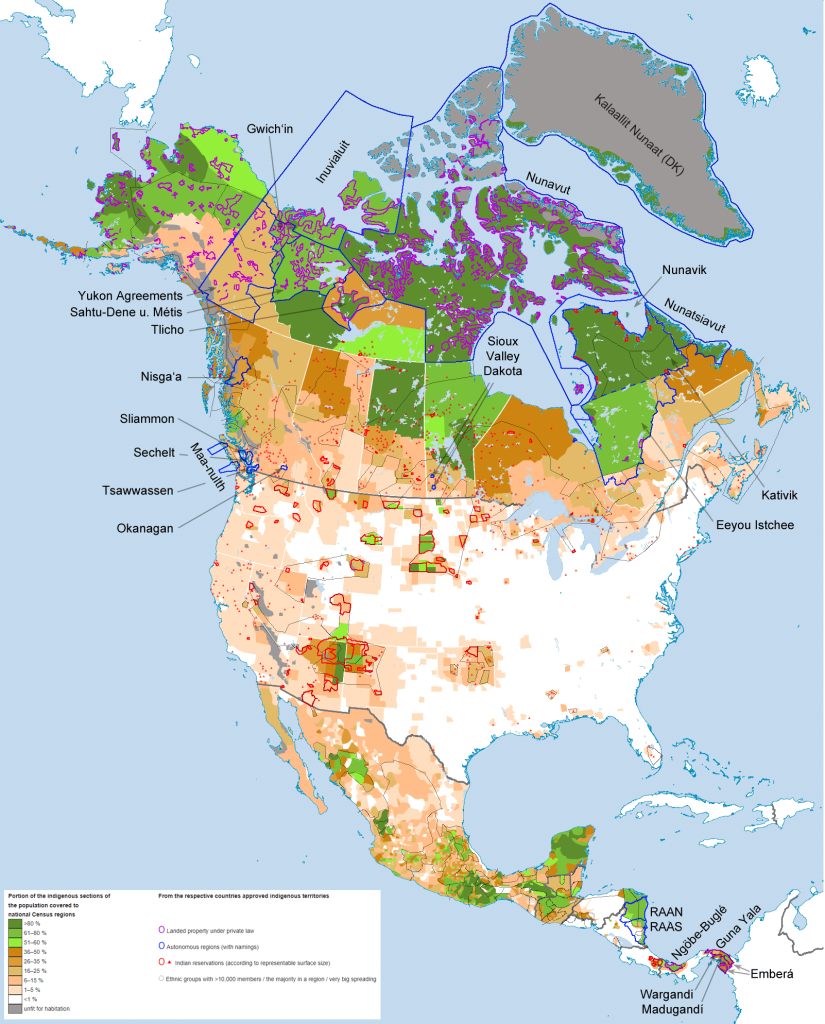 Mapa de los territorios de los grupos indígenas en América del Norte a principios del siglo XXI.