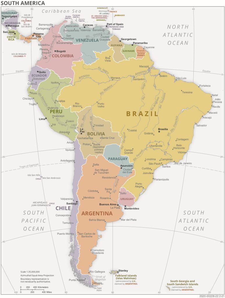 Mapa de los países de América del Sur.