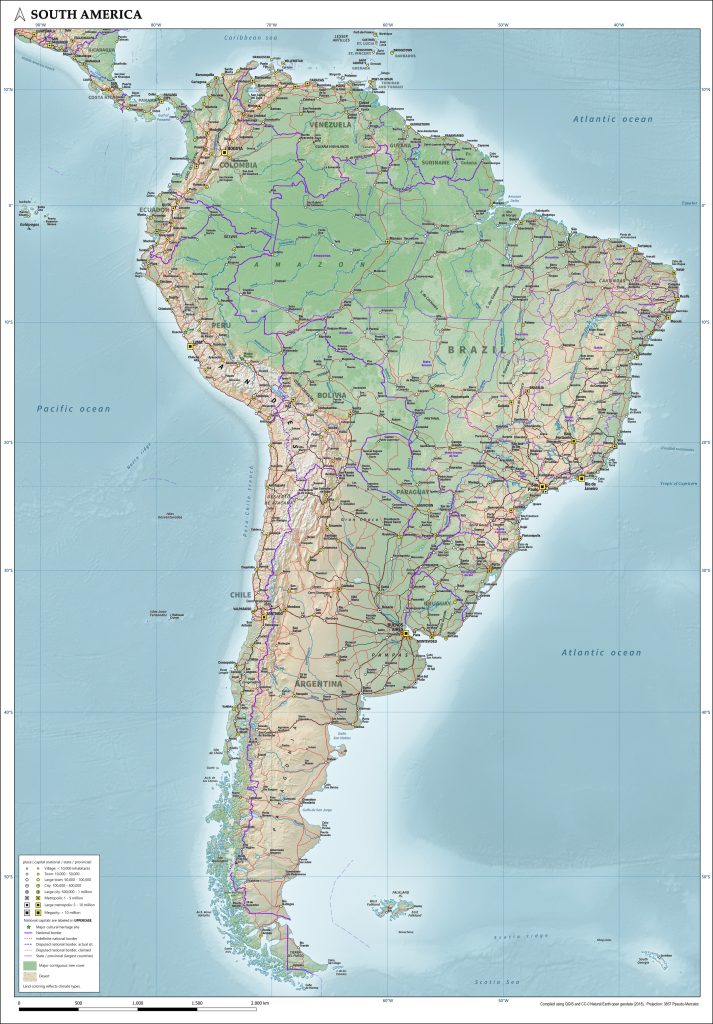 Mapa físico de América del Sur.
