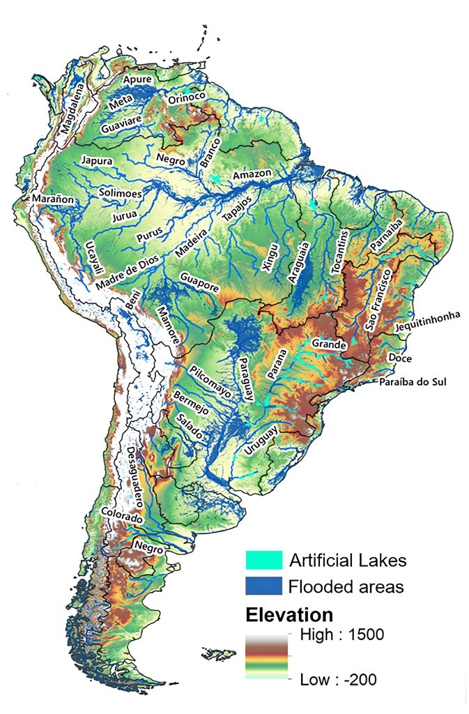 Mapa de los principales ríos de América del Sur.