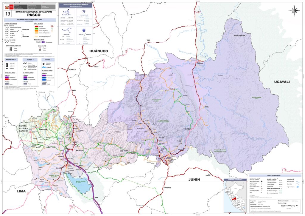 Mapa de las principales ciudades del departamento de Pasco.