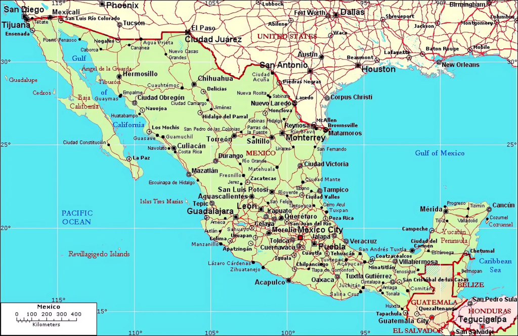 Mapa de las principales ciudades de México.