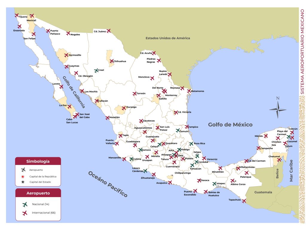 Mapa de aeropuertos de México.
