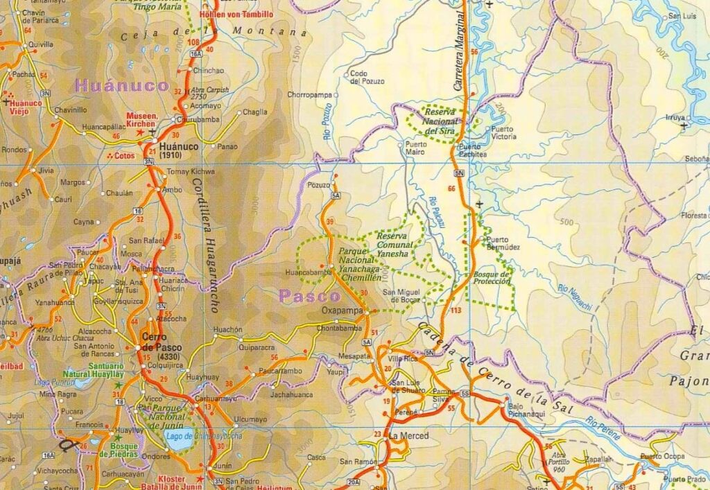 Mapa físico del departamento de Pasco.
