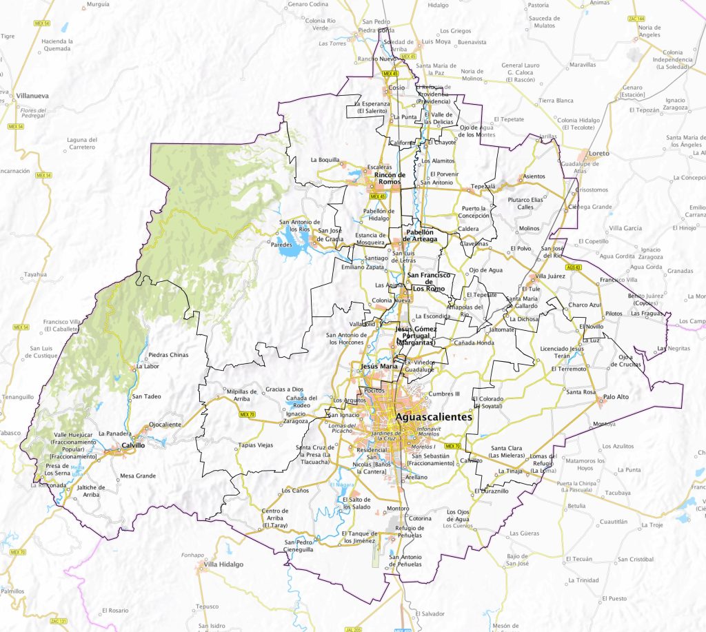 Mapa de las principales ciudades de Aguascalientes.