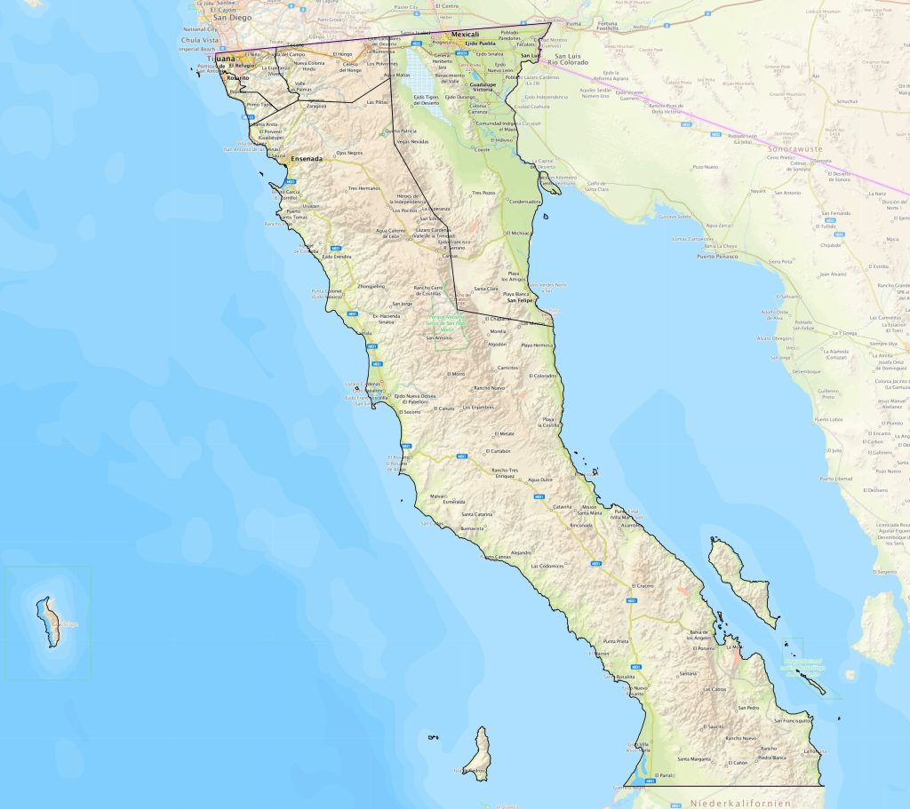 Mapa de las principales ciudades de Baja California.