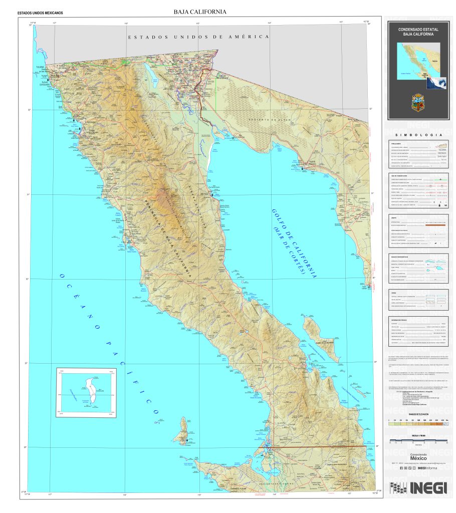 Mapa físico del estado de Baja California.
