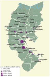 Mapa de los centros poblados y población en el departamento de Puno.