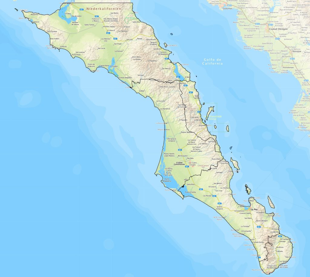Mapa de las principales ciudades de Baja California Sur.
