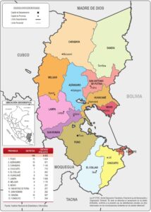 Mapa de la división política administrativa del departamento de Puno.