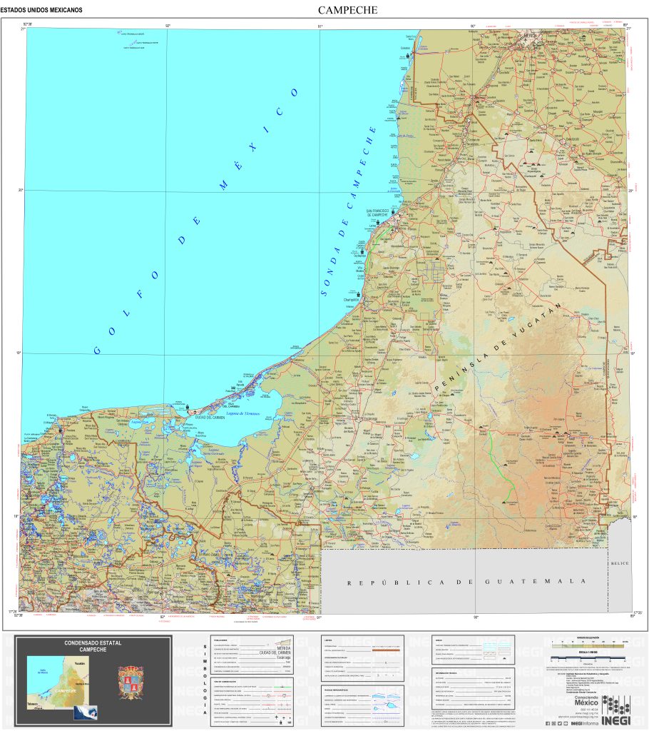 Mapa físico del estado de Campeche.