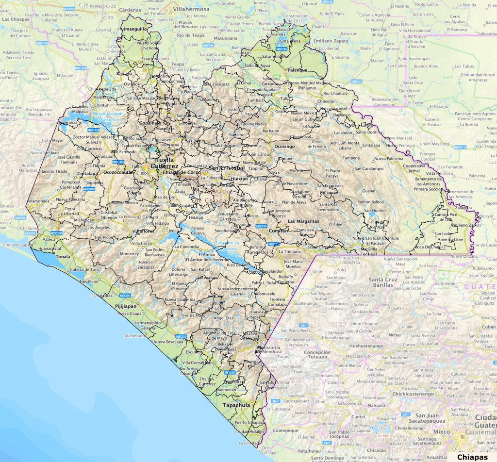 Mapa de las principales ciudades de Chiapas.