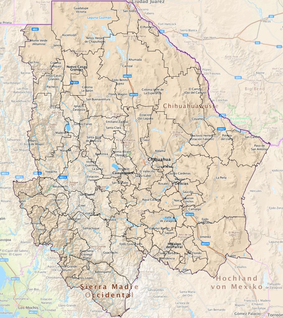 Mapa de las principales ciudades del estado de Chihuahua.