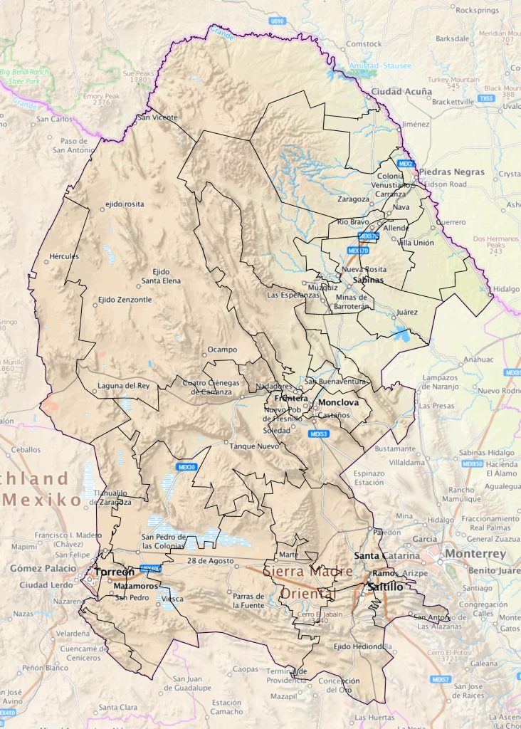 Mapa de las principales ciudades de Coahuila.