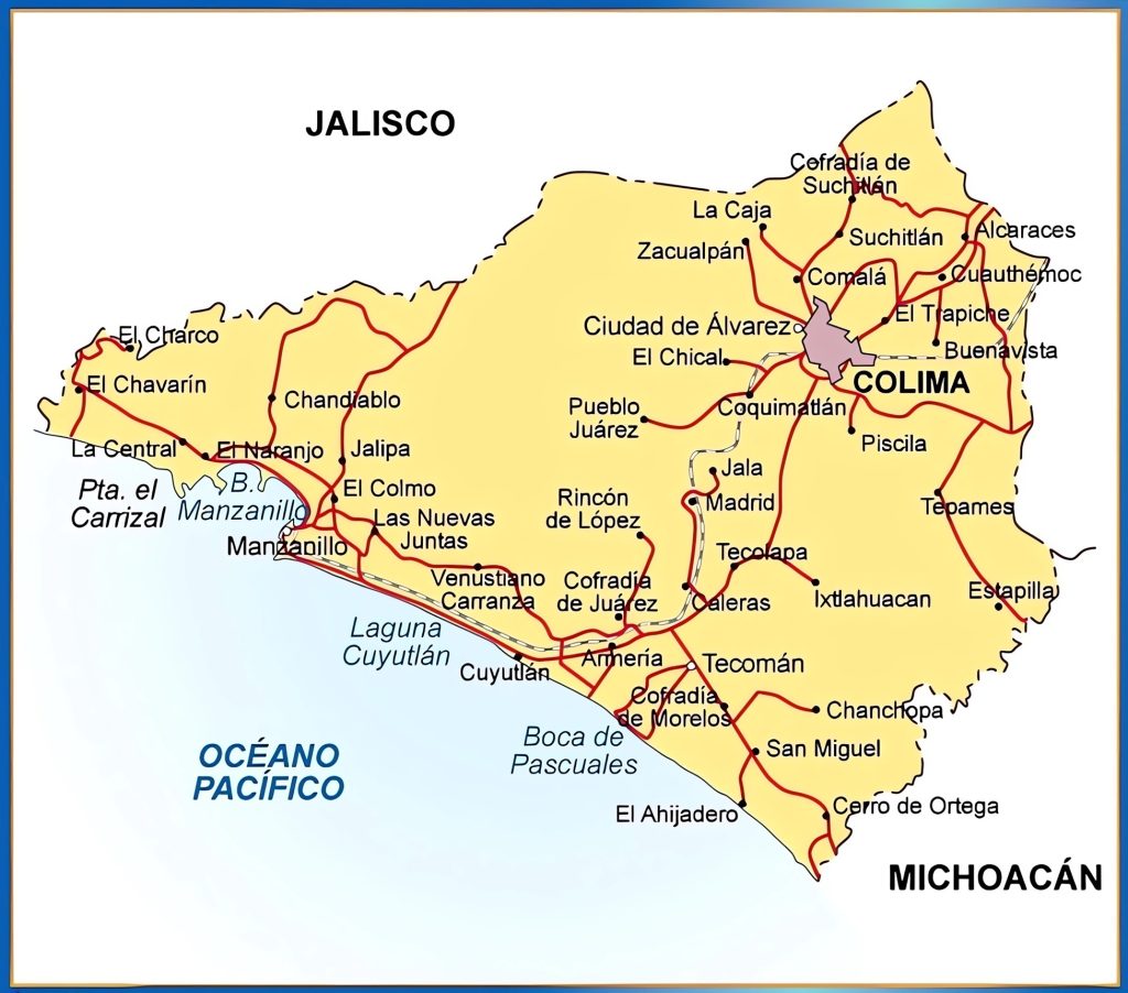 Mapa de las principales ciudades de Colima.