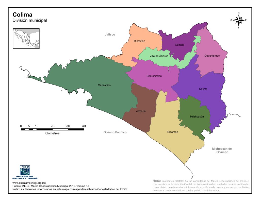 Mapa de los municipios del estado de Colima.