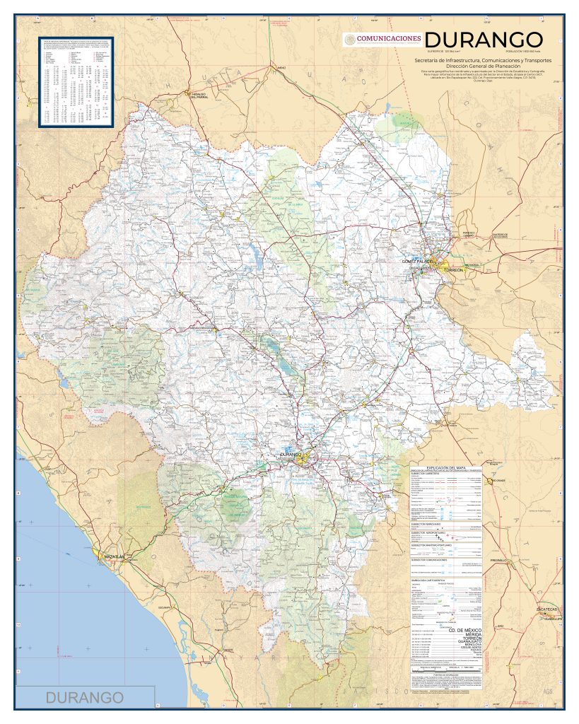 Mapa de carreteras del estado de Durango.