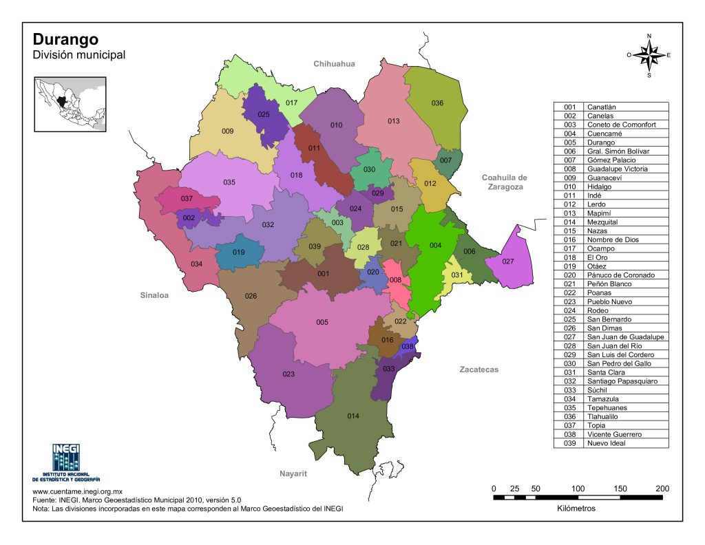 Mapa de los municipios del estado de Durango.