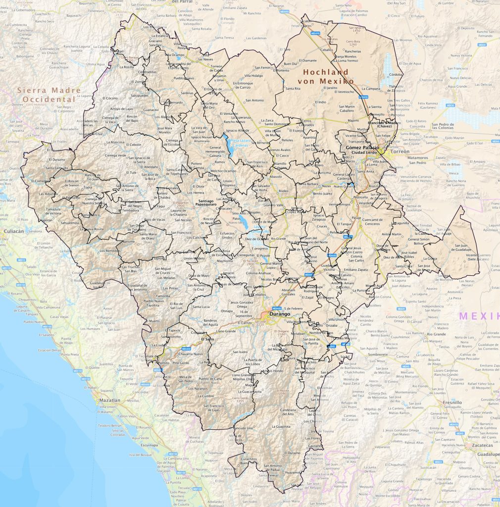 Mapa de las principales ciudades de Durango.