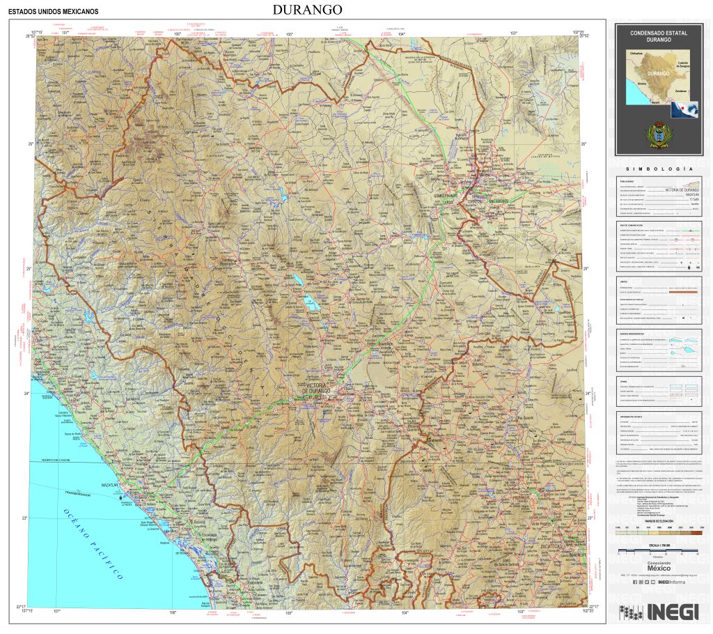 Mapa físico del estado de Durango.