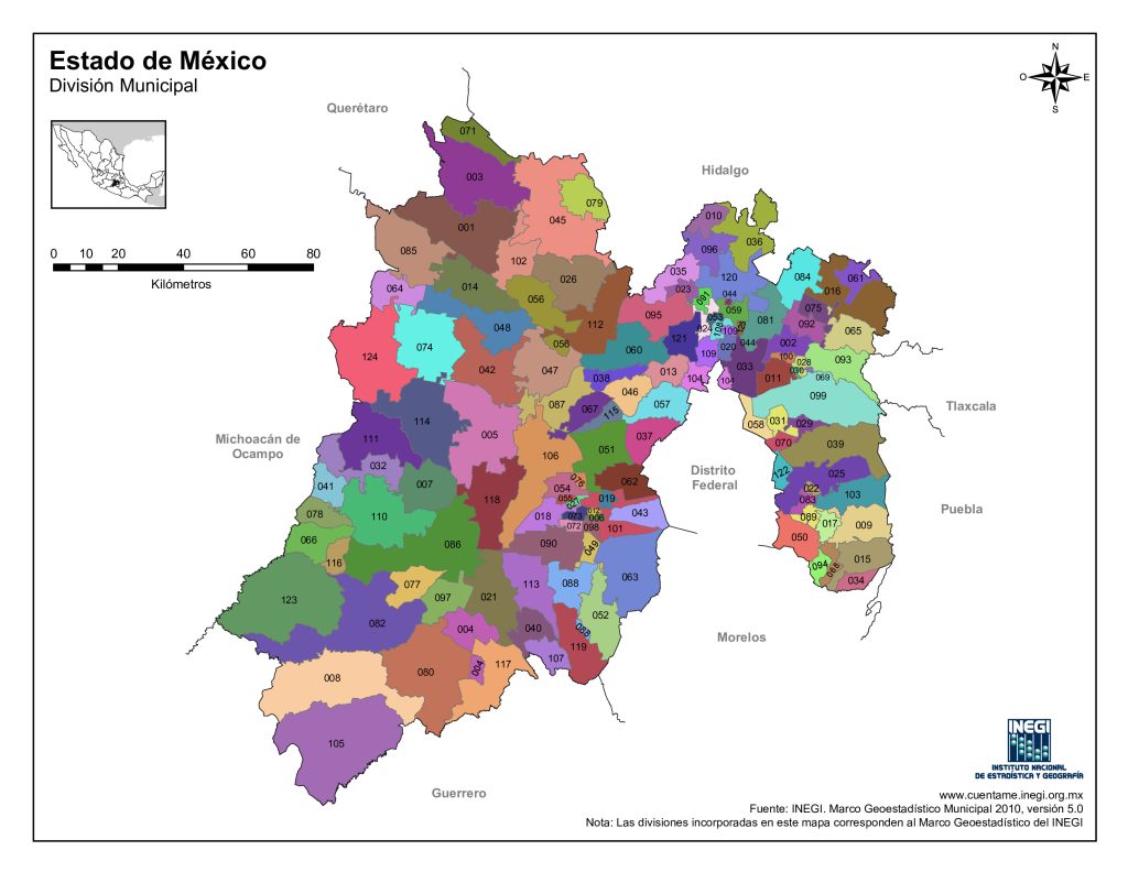 Mapa de los municipios del estado de México.