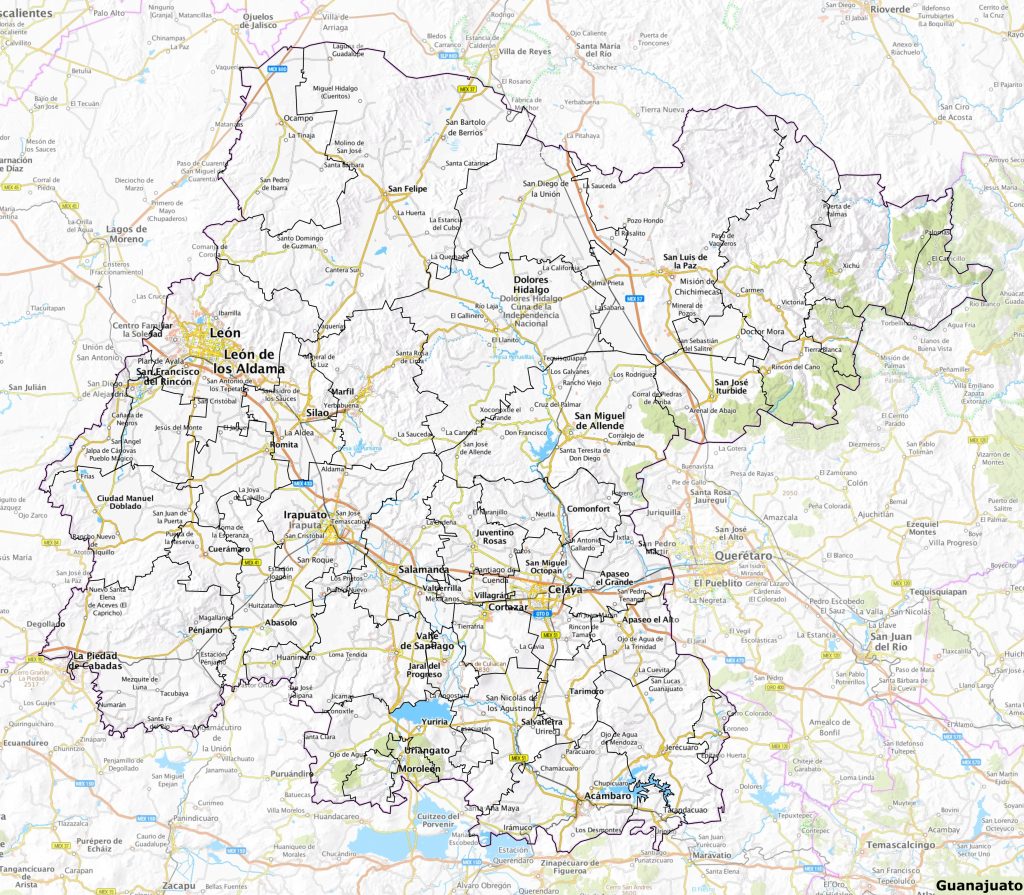 Mapa de las principales ciudades del estado de Guanajuato.