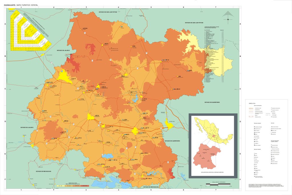 Mapa turístico del estado de Guanajuato.