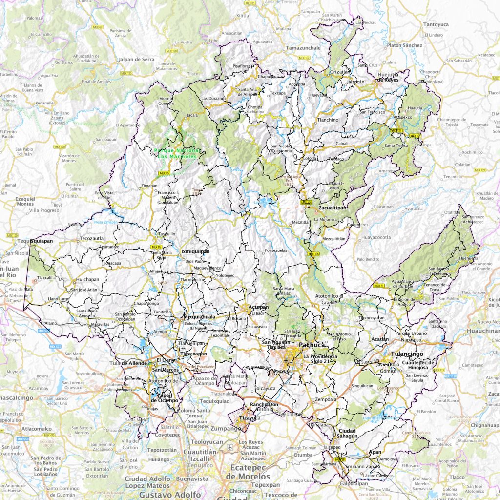 Mapa de las principales ciudades de Hidalgo.