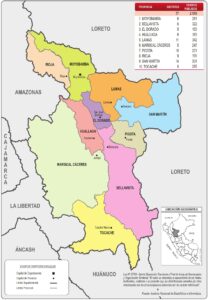 Mapa de la división política administrativa del departamento de San Martín.