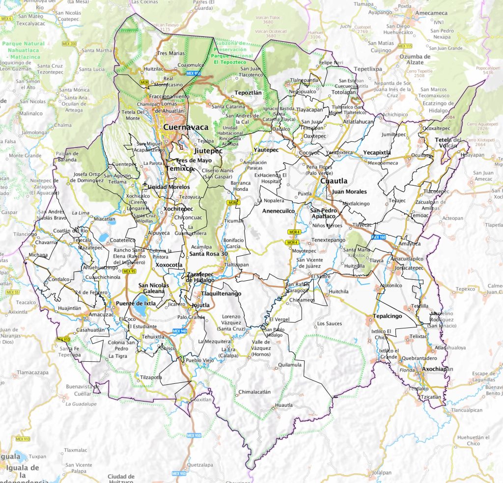 Mapa de las principales ciudades de Morelos.