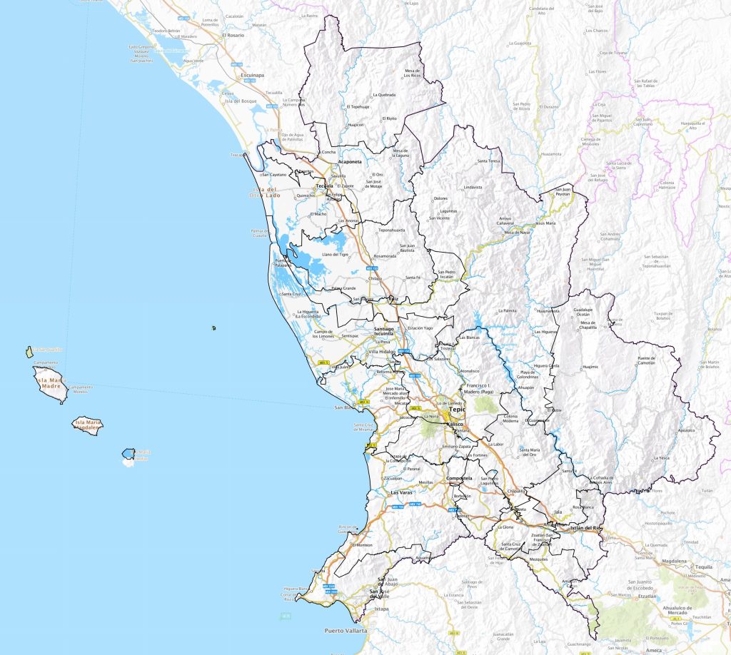 Mapa de las principales ciudades de Nayarit.