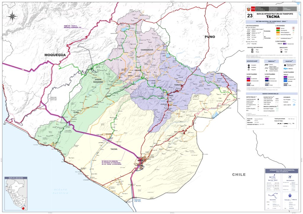 Mapa de las principales ciudades del departamento de Tacna.