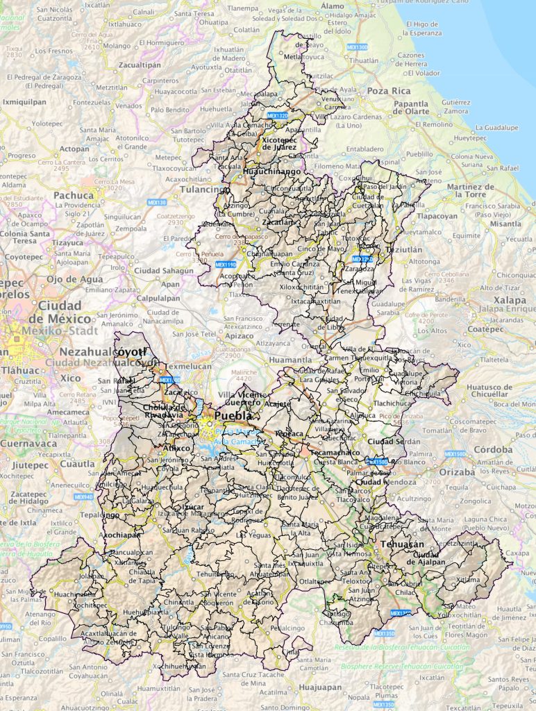 Mapa de las principales ciudades del estado de Puebla.