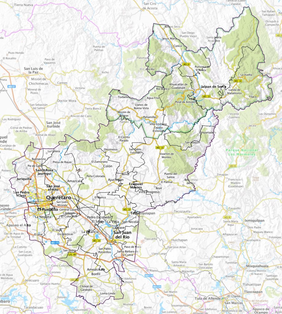 Mapa de las principales ciudades del estado de Querétaro.