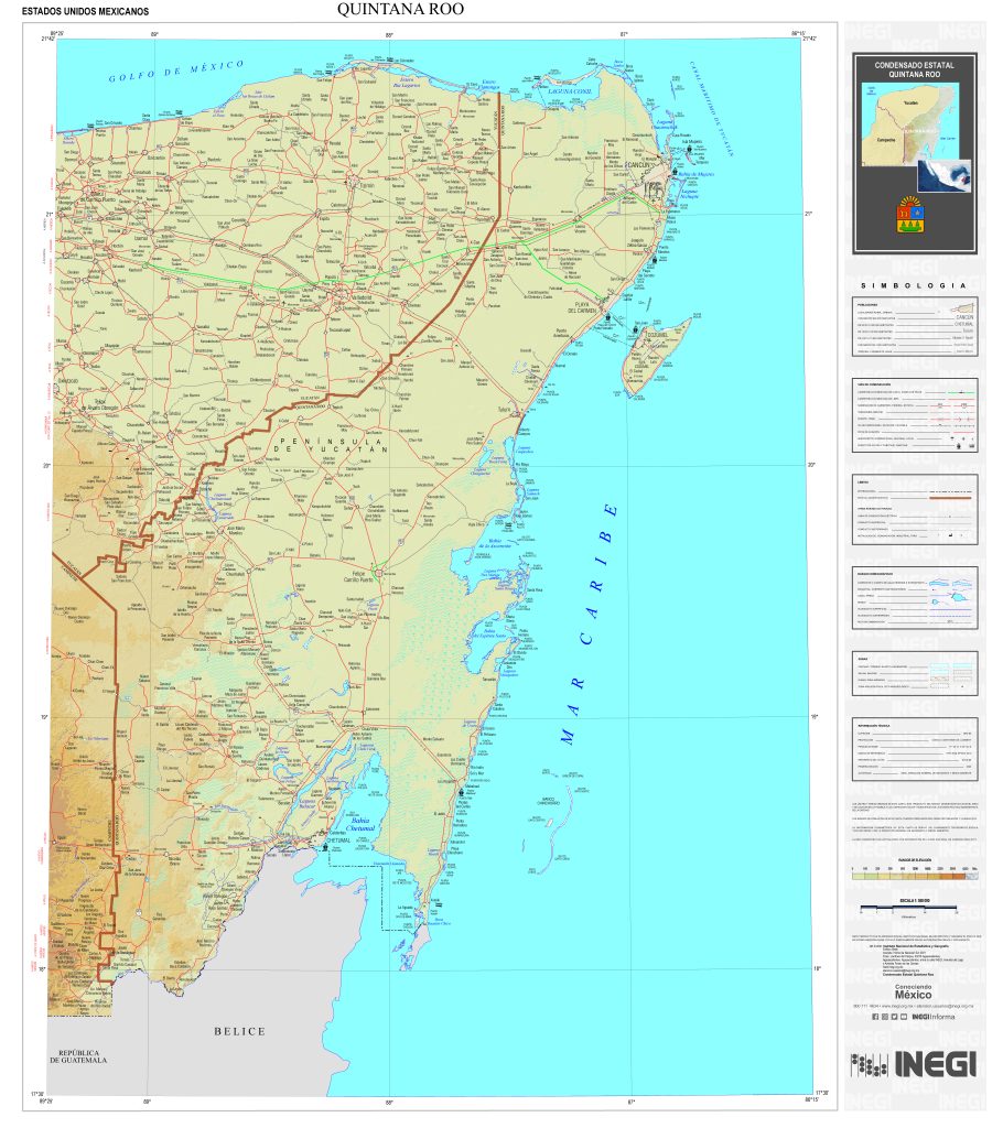 Mapa físico de Quintana Roo.