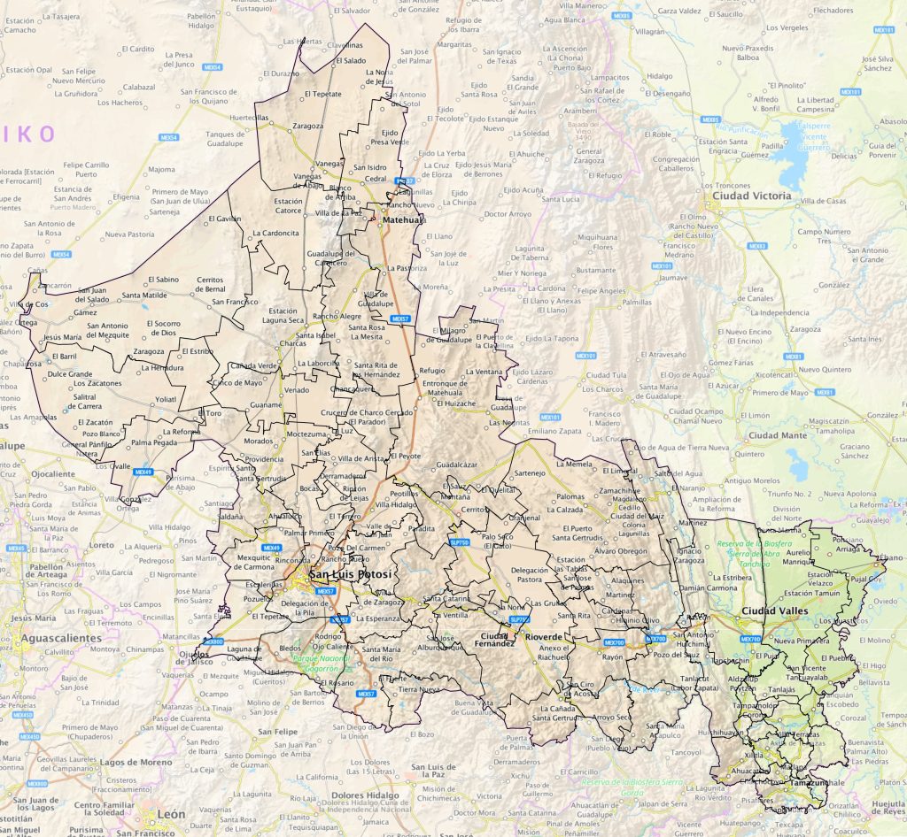 Mapa de las principales ciudades del estado de San Luis Potosí.