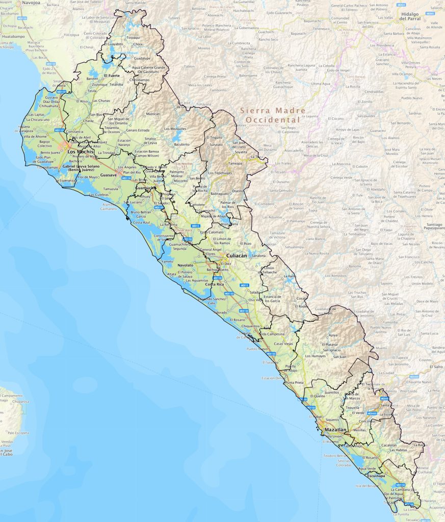 Mapa de las principales ciudades de Sinaloa.