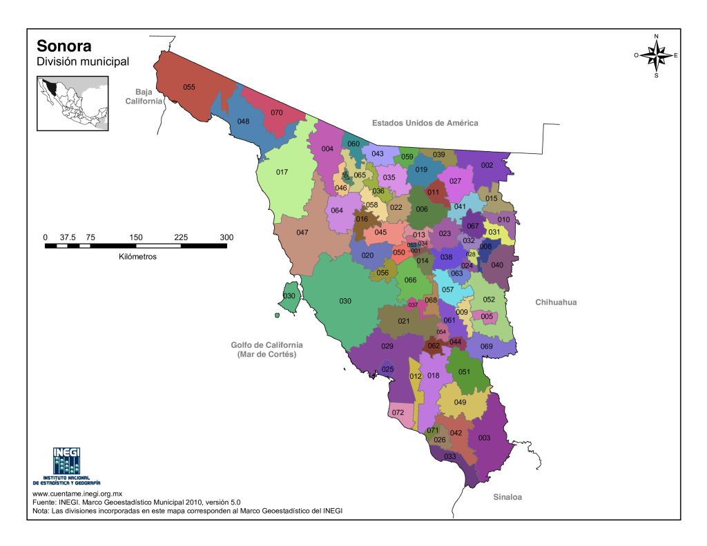 Mapa de los municipios de Sonora.